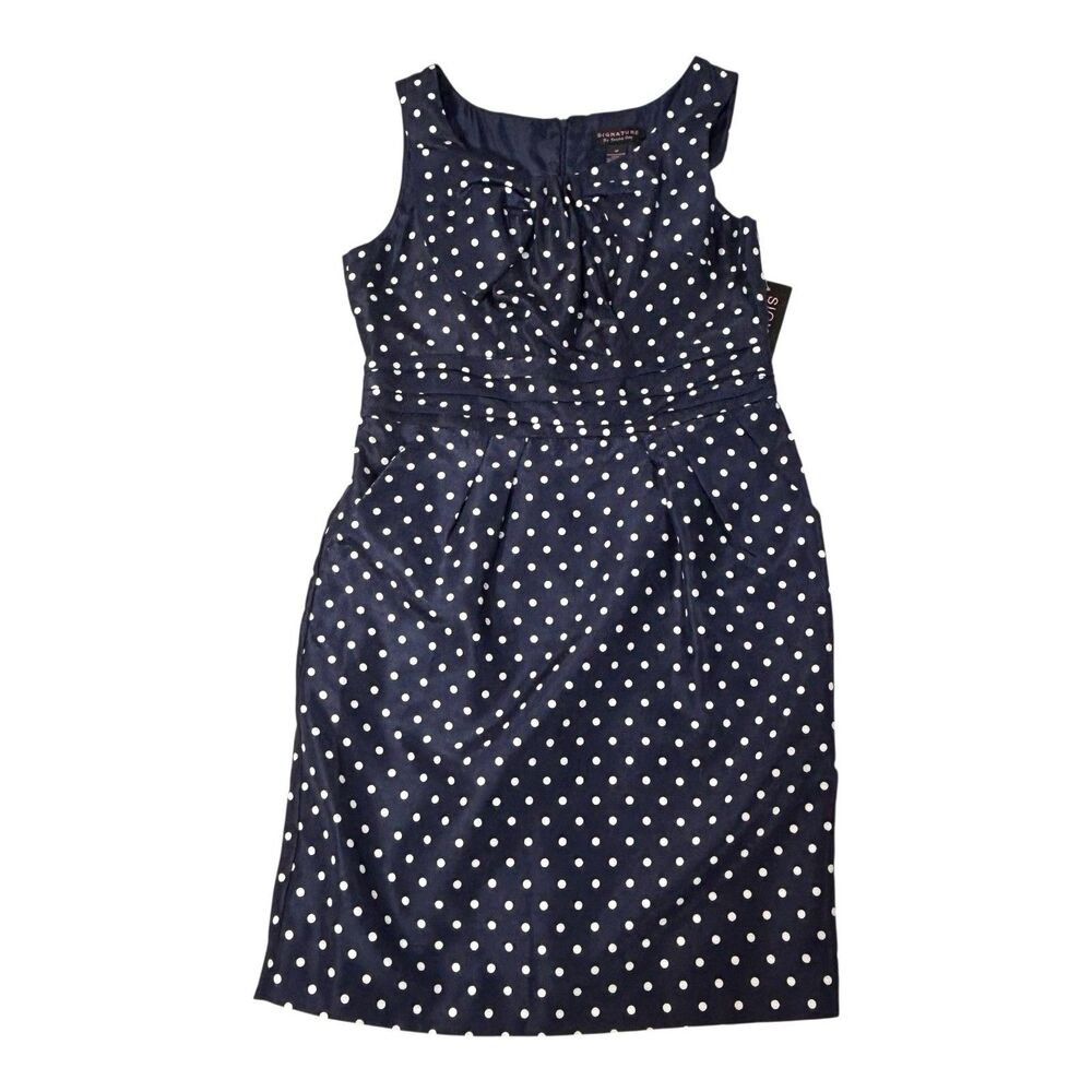 Signature By Robbie Bee Blue Polka Dot Dress Sleeveless Cinched Waist